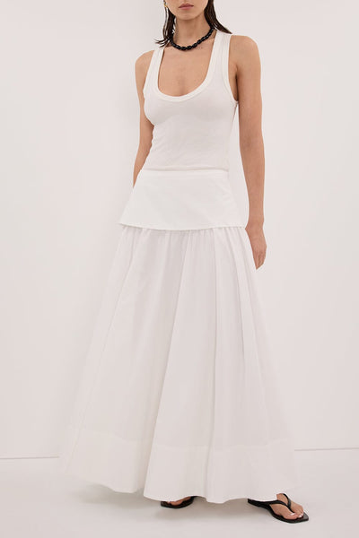 Stas wearing CLAIRE WHITE COTTON MIDI SKIRT