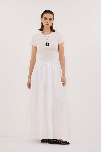 Joanna wearing MARINA OFF WHITE MIDI SKIRT