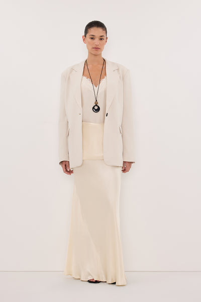 Aude wearing JELENA CREAM SATIN OVERLAY MAXI SKIRT