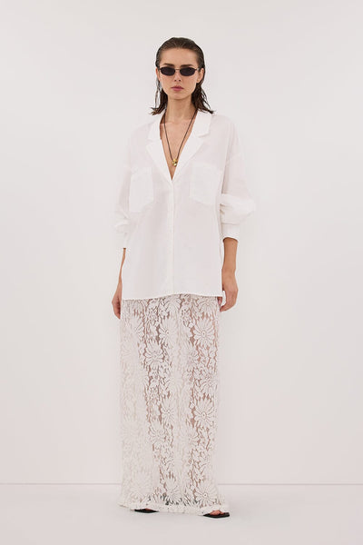 Stas wearing WILMA WHITE LACE MIDI SKIRT