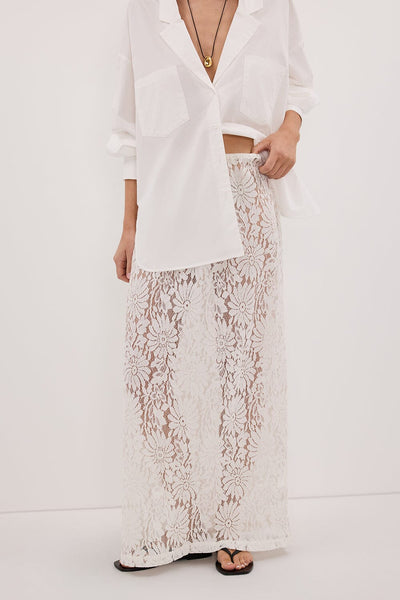 Stas wearing WILMA WHITE LACE MIDI SKIRT