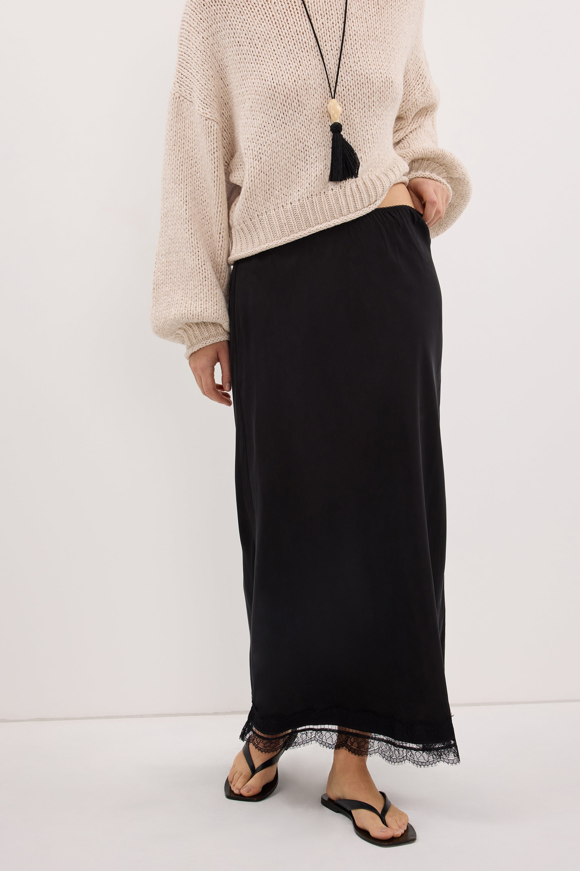 ANDREA BLACK CUPRO MIDI SKIRT