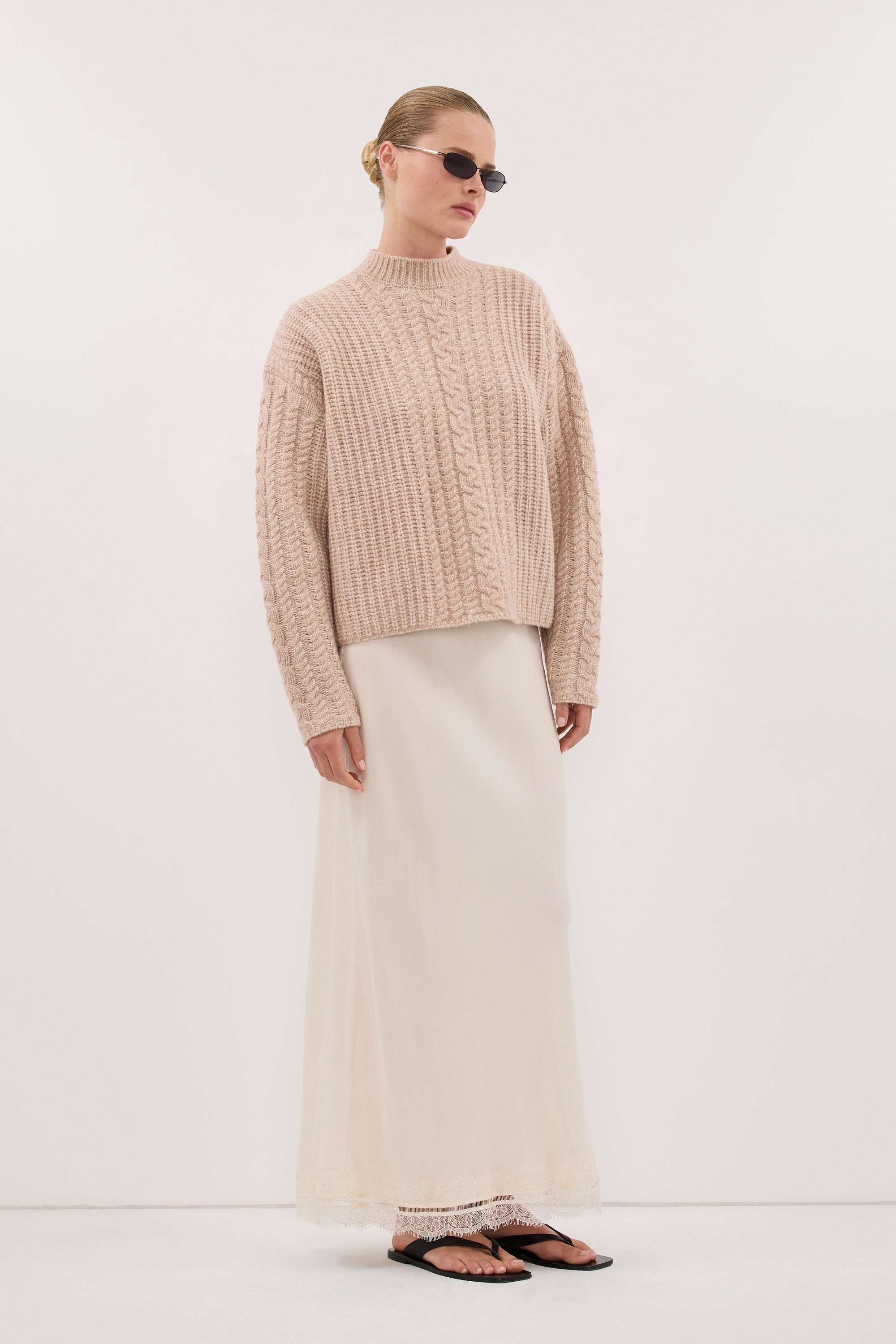 ANDREA SANDSTONE CUPRO LACE MIDI SKIRT