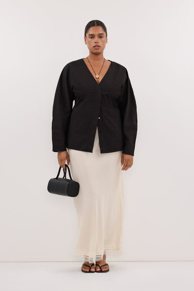 Amanda wearing ANDREA SANDSTONE CUPRO LACE MIDI SKIRT