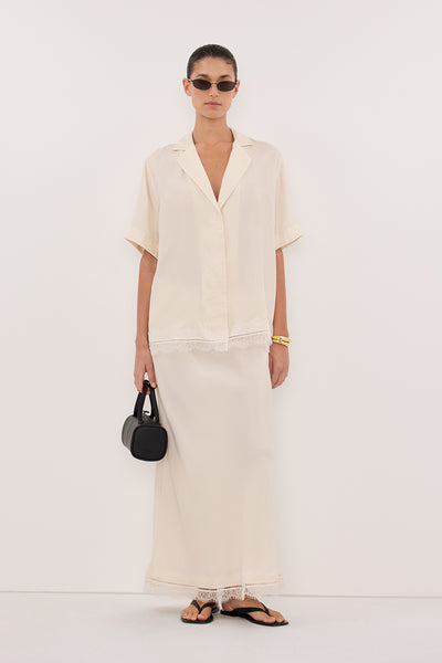 Aude wearing ANDREA SANDSTONE CUPRO LACE MIDI SKIRT