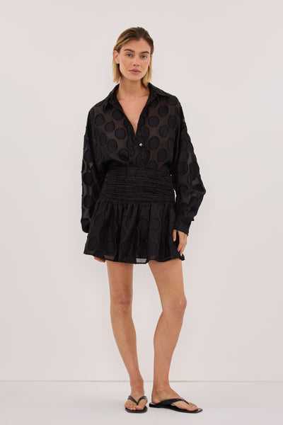 Joanna wearing MONTANA BLACK JACQUARD MINI SKIRT