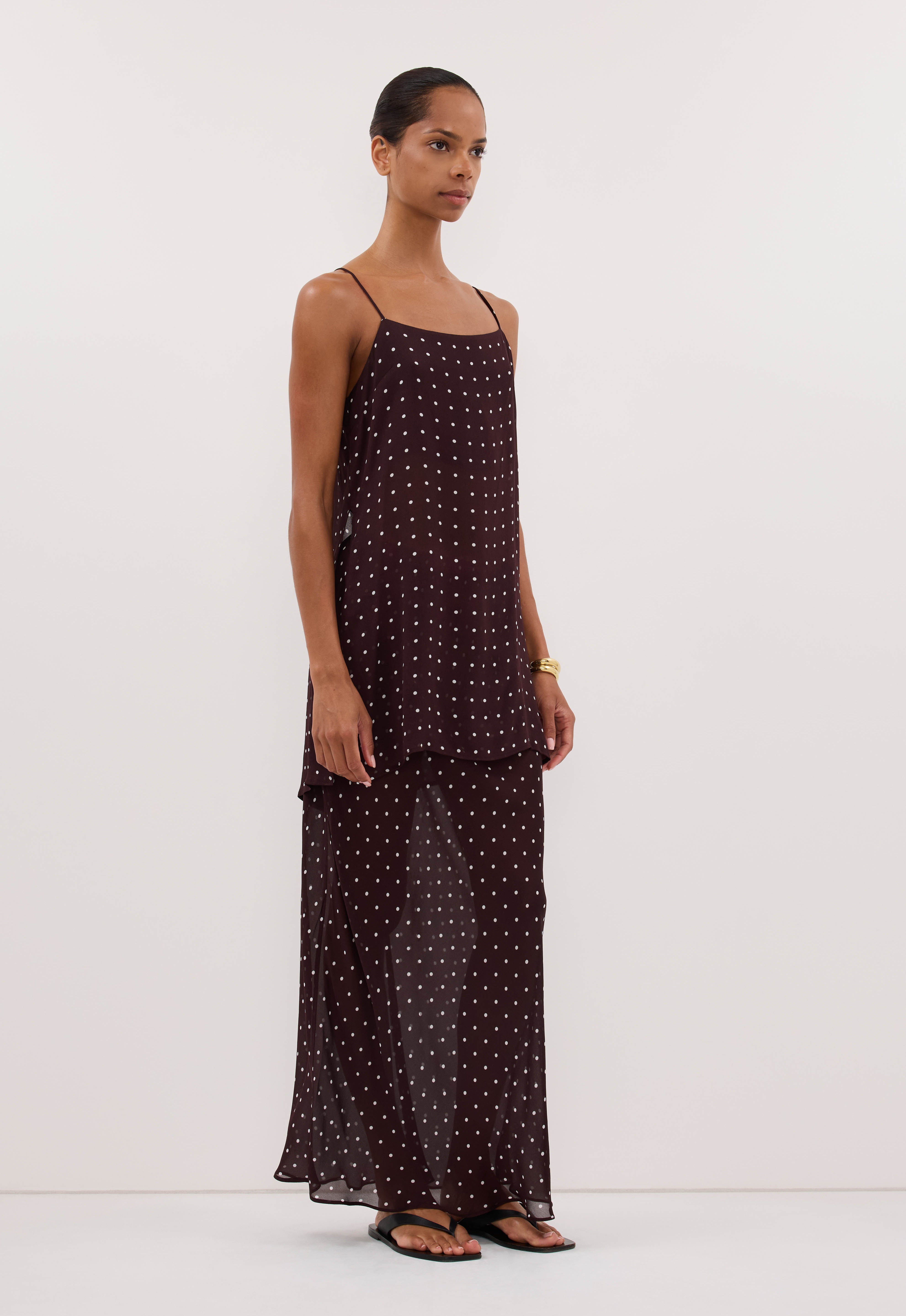 VANESSA BITTER CHOC SHEER SPOT MIDI SKIRT