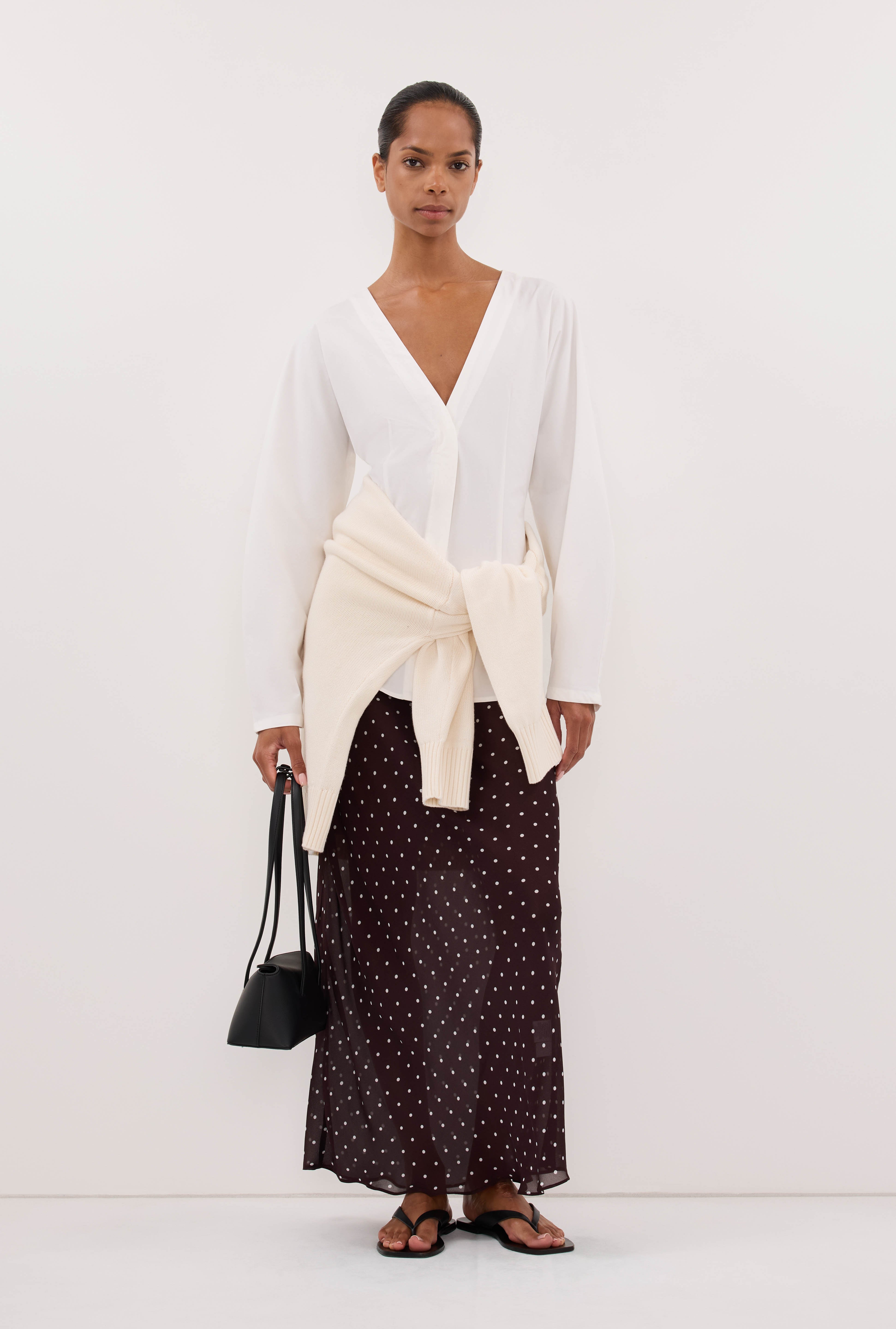 VANESSA BITTER CHOC SHEER SPOT MIDI SKIRT