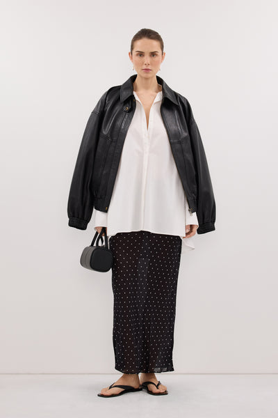 Stas wearing VANESSA BLACK SHEER SPOT MIDI SKIRT