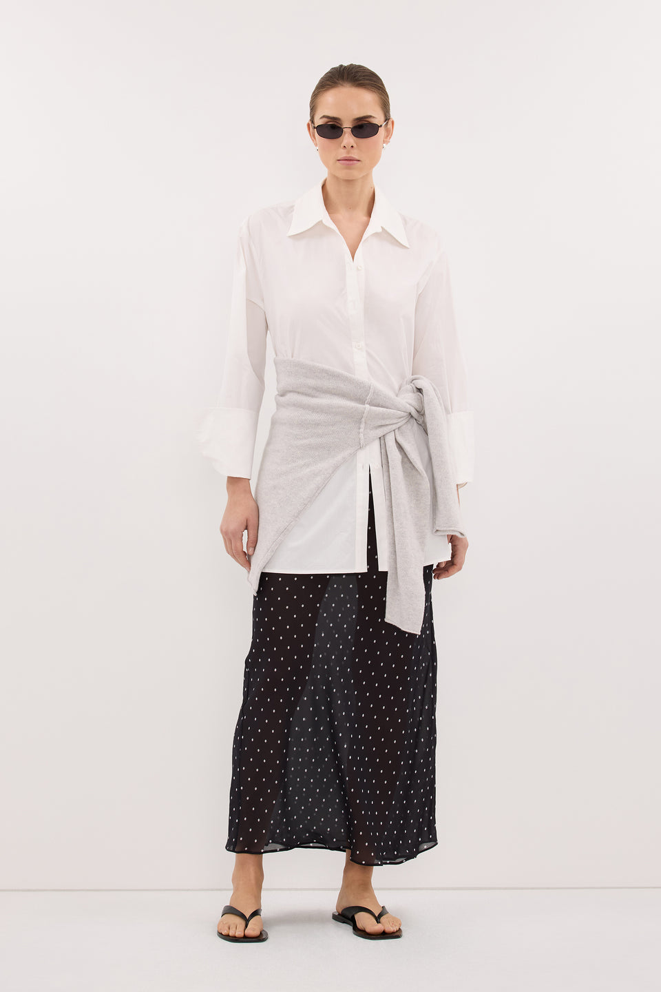 VANESSA BLACK SHEER SPOT MIDI SKIRT