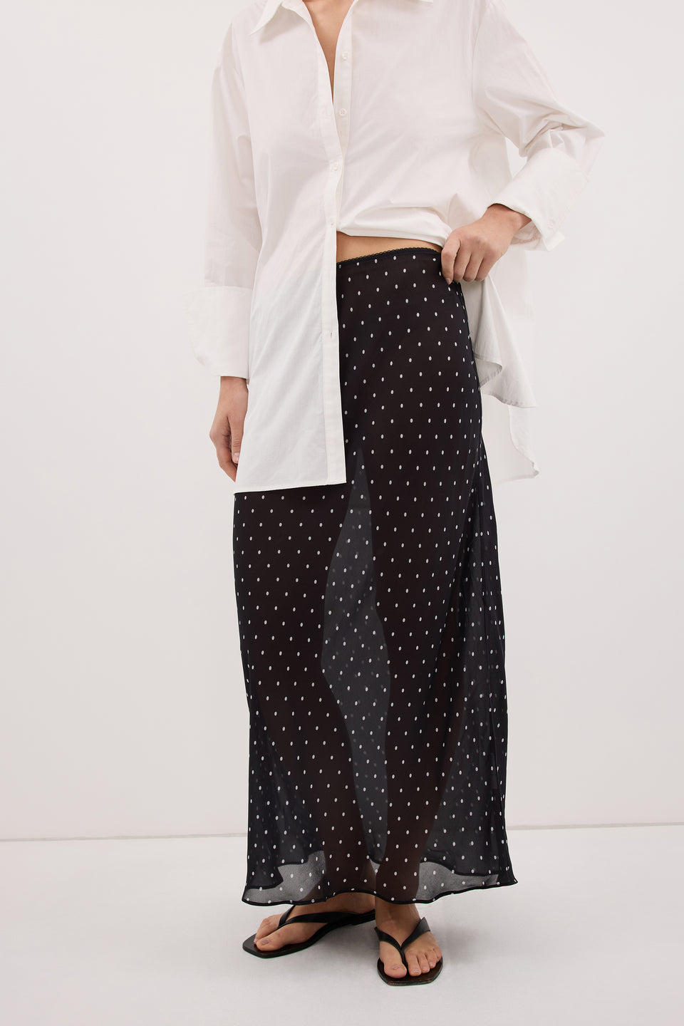 VANESSA BLACK SHEER SPOT MIDI SKIRT