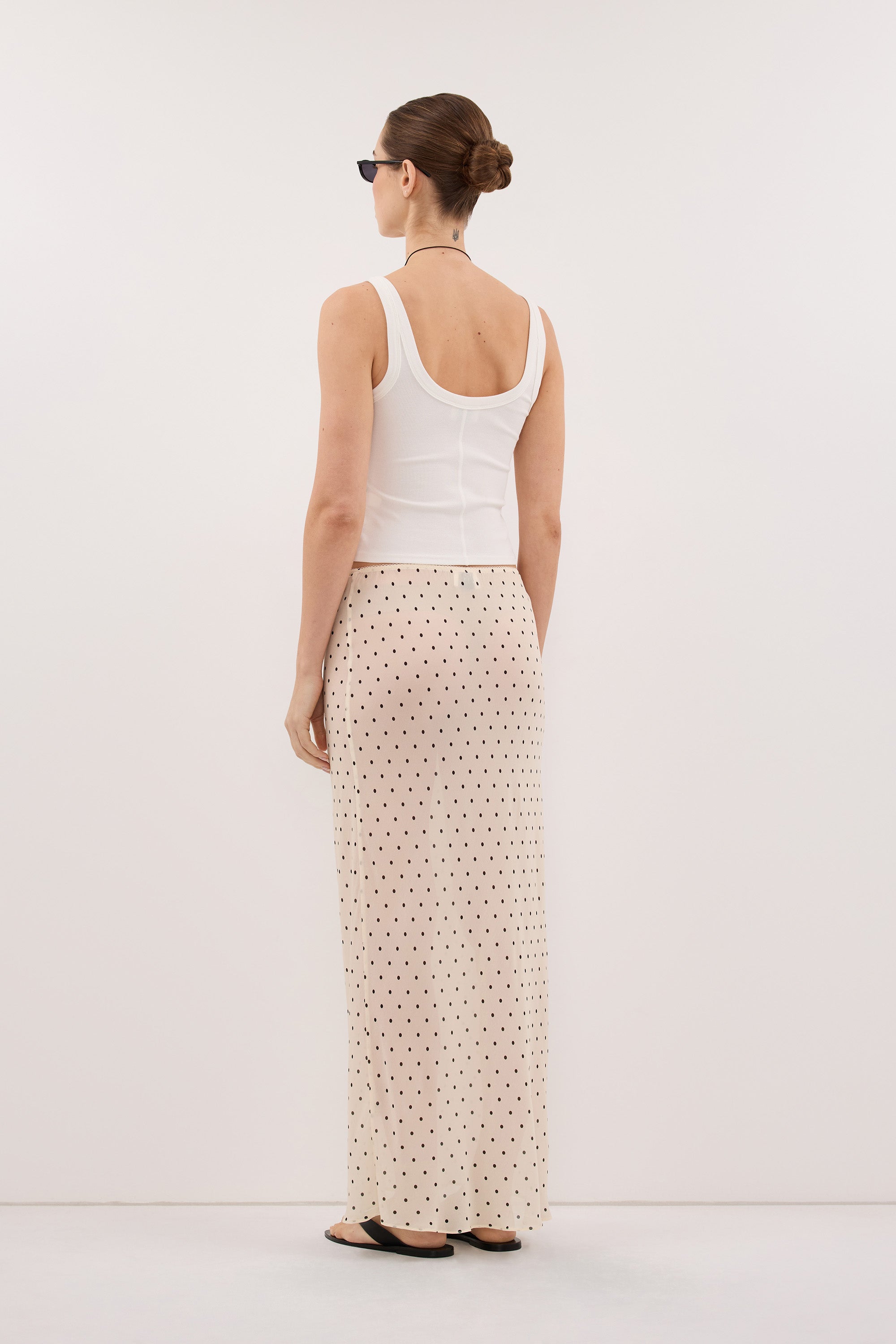 VANESSA SANDSTONE SHEER SPOT MIDI SKIRT