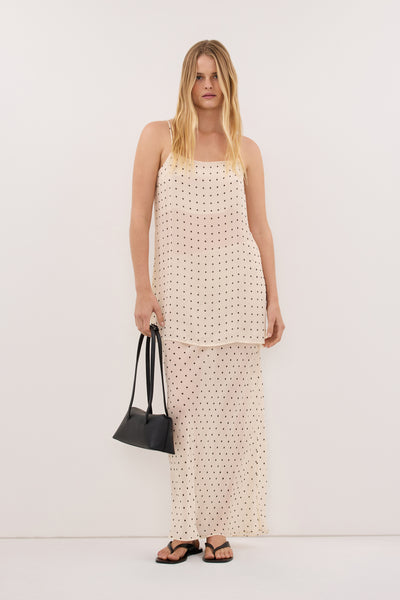 Zoe wearing VANESSA SANDSTONE SHEER SPOT MIDI SKIRT