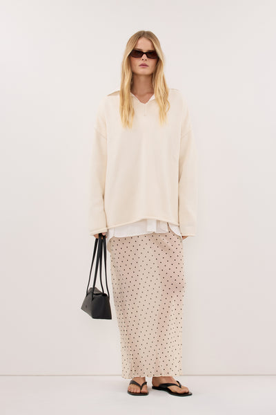 Zoe wearing FLINT CREAM V NECK KNIT JUMPER