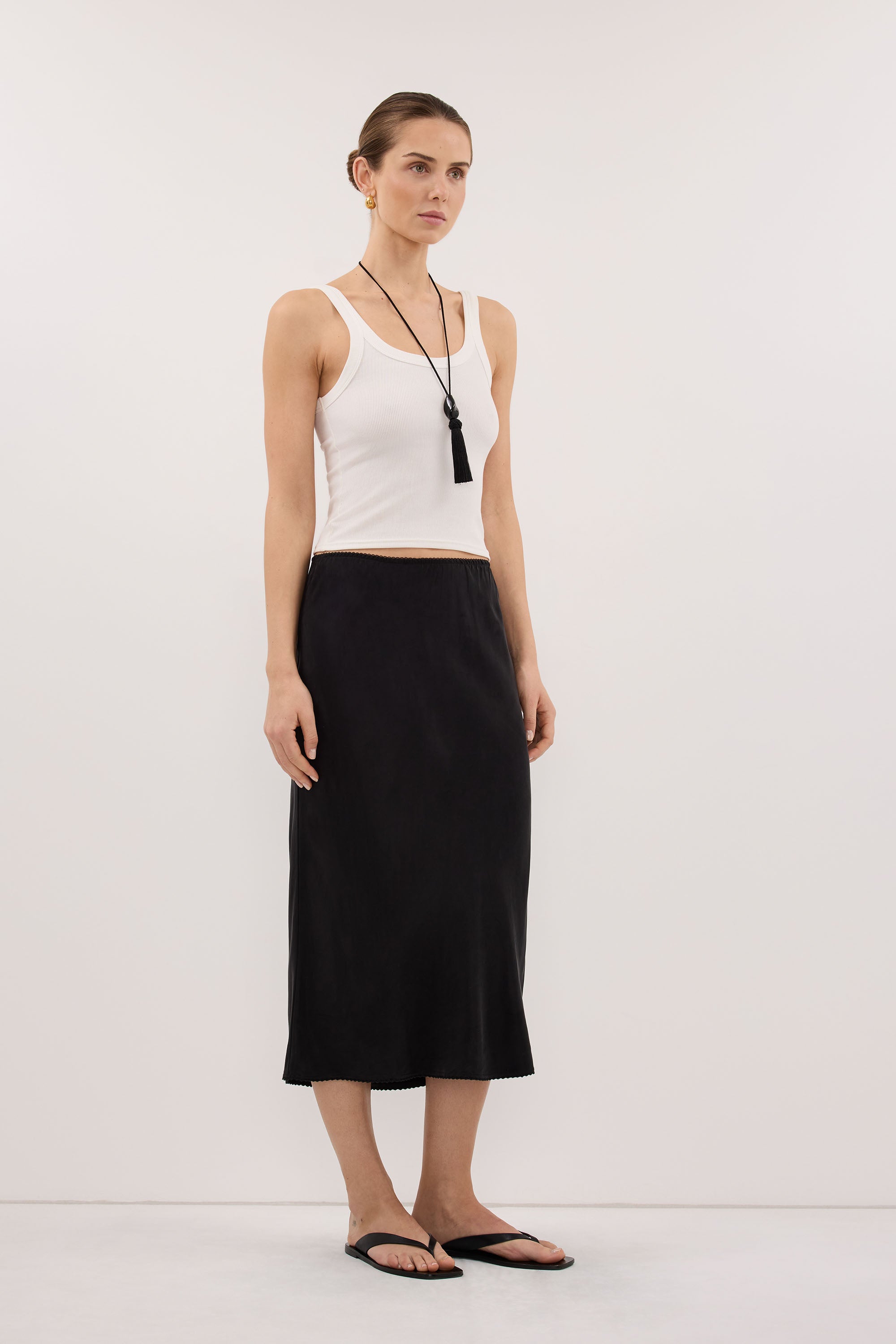 ARELIA BLACK CUPRO MIDI SKIRT