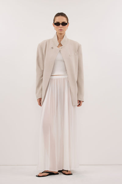 Stas wearing CORALIE OFF WHITE SHEER MIDI SKIRT