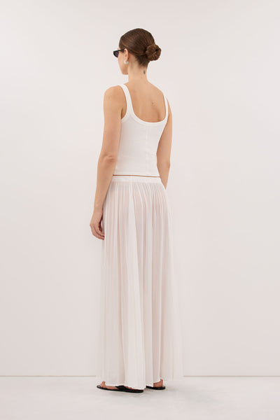 Shanina wearing CORALIE OFF WHITE SHEER MIDI SKIRT