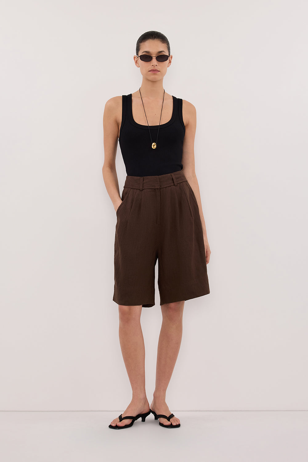 KAYLA BITTER CHOC LINEN BERMUDA SHORT Clothing DISSH Boutiques 