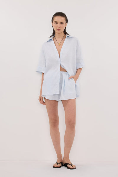 Stas wearing HELENA CORNFLOWER LINEN SHORT