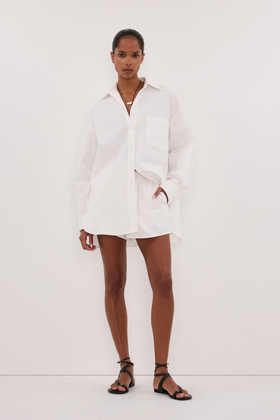 Kristen wearing RHEA WHITE COTTON DRAWSTRING SHORT