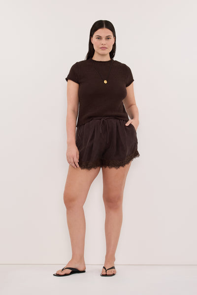 Jasmine wearing ANDREA PLUM CHOC CUPRO LACE SHORT