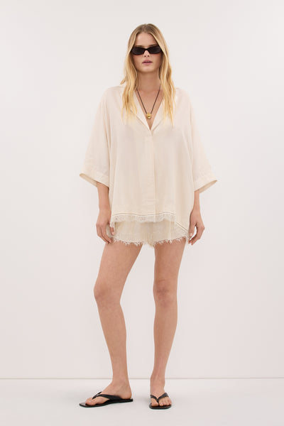 Zoe wearing ANDREA SANDSTONE CUPRO LACE SHORT