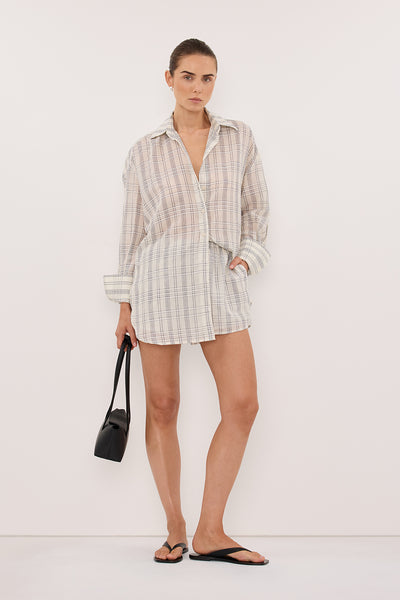Stas wearing PETRA OFF WHITE CHECK SHORT