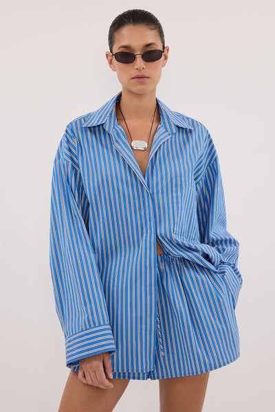 Aude wearing MISHA AZURE BLUE STRIPE SHORT