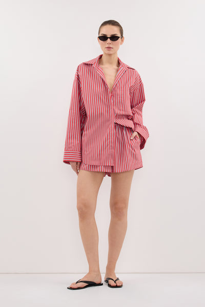 Stas wearing MISHA RED STRIPE SHORT