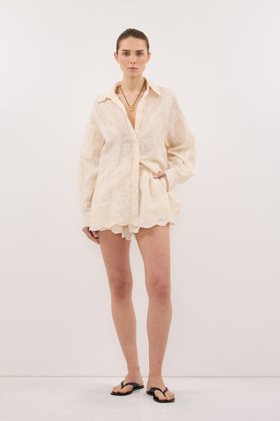 Stas wearing CORDELIA SANDSTONE RAMIE SHORT