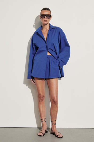 Montana wearing INA COBALT LIGHTWEIGHT COTTON SHORT