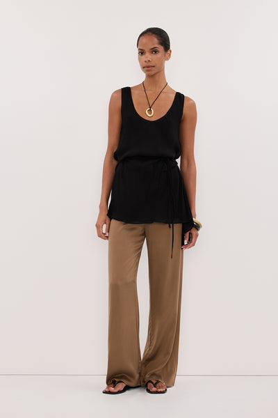 Kristen wearing PERCY CHESTNUT SILK PANT