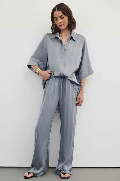 Bambi wearing PERCY DUSTY BLUE SILK PANT