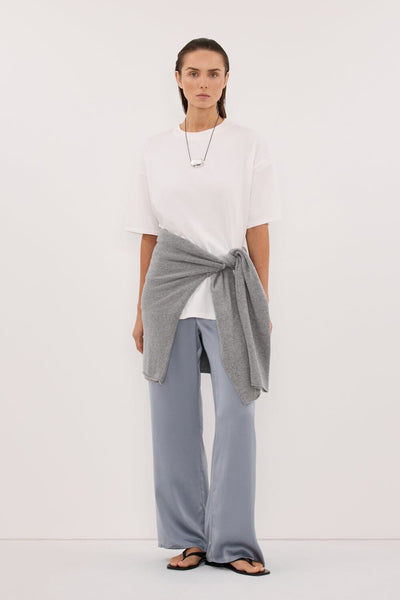 Stas wearing PERCY DUSTY BLUE SILK PANT