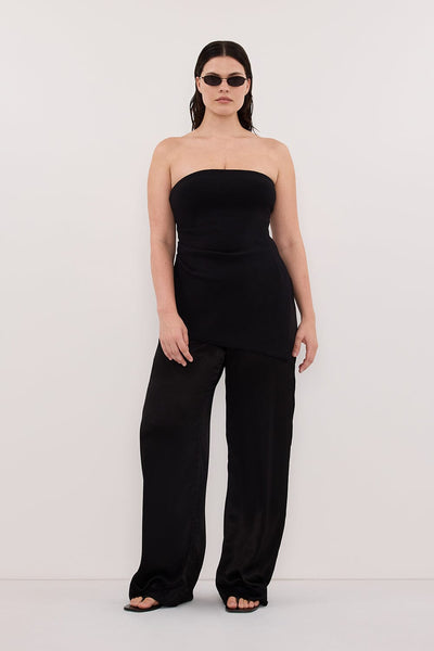 Jasmine wearing MONICA BLACK SATIN PANT