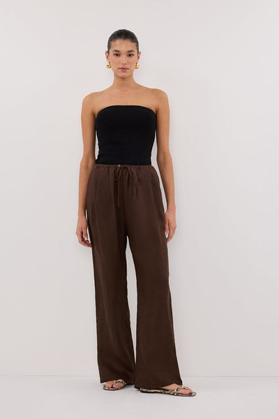 Aude wearing CARLA BITTER CHOC DRAWSTRING LINEN PANT