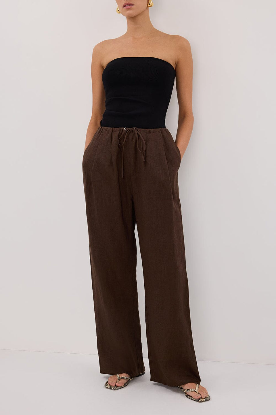 CARLA BITTER CHOC DRAWSTRING LINEN PANT Clothing DISSH Boutiques 
