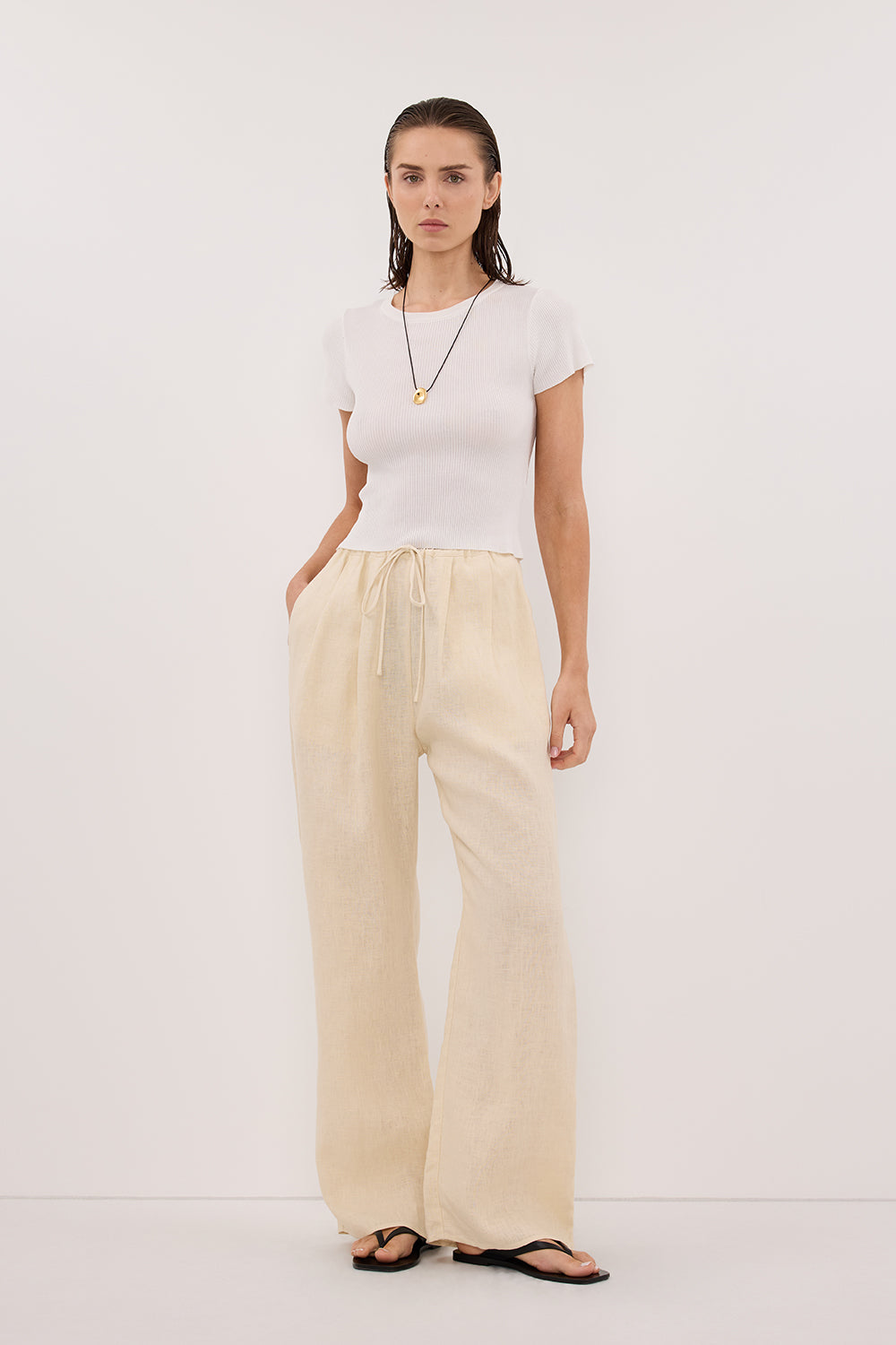CARLA BUTTERMILK DRAWSTRING LINEN PANT Clothing DISSH Boutiques 