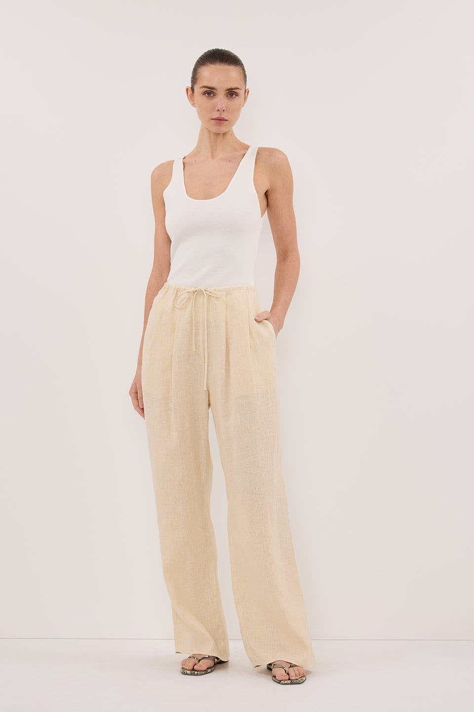 CARLA BUTTERMILK DRAWSTRING LINEN PANT Clothing DISSH Boutiques 