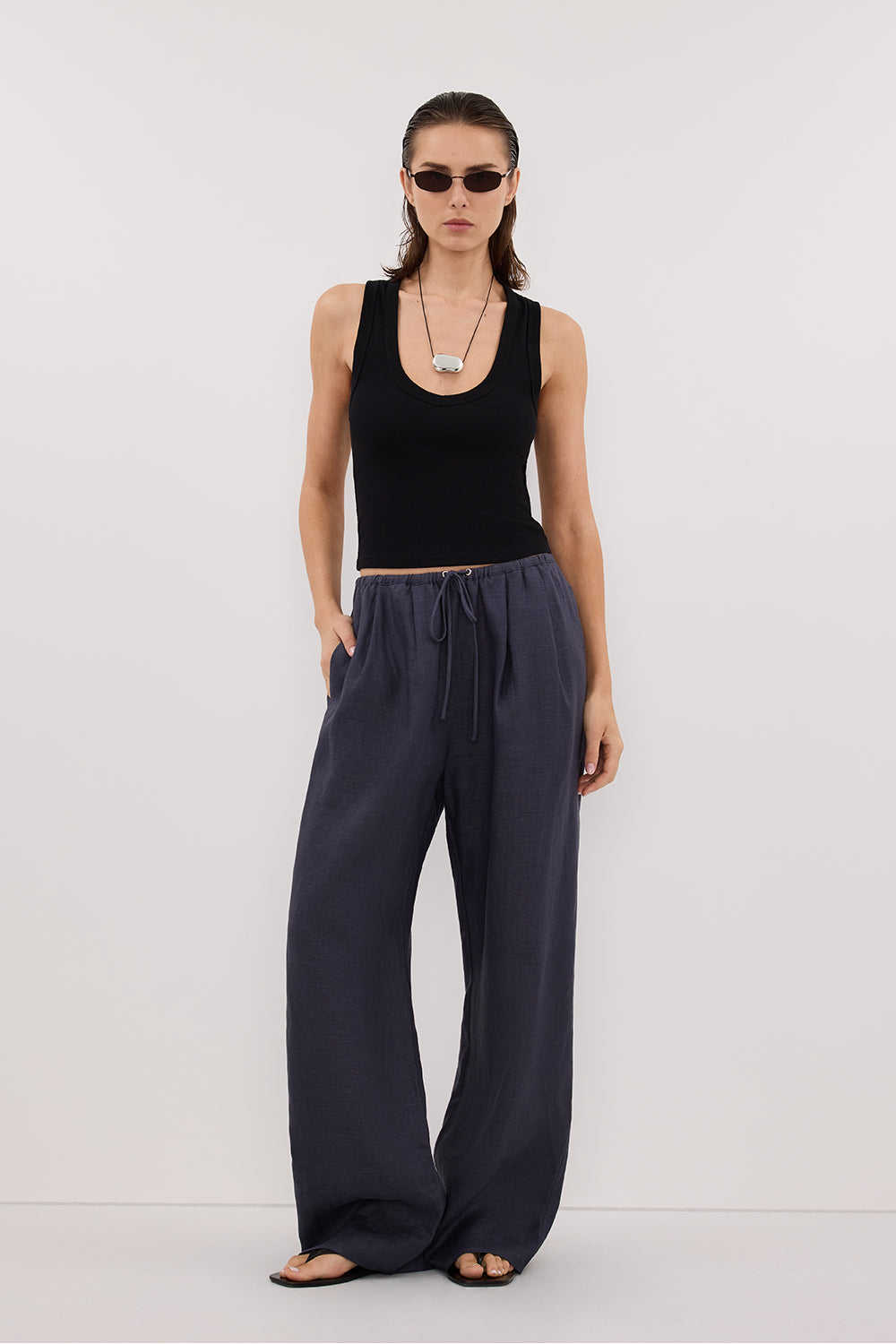 CARLA INDIGO DRAWSTRING LINEN PANT Clothing DISSH Boutiques 6 INDIGO 