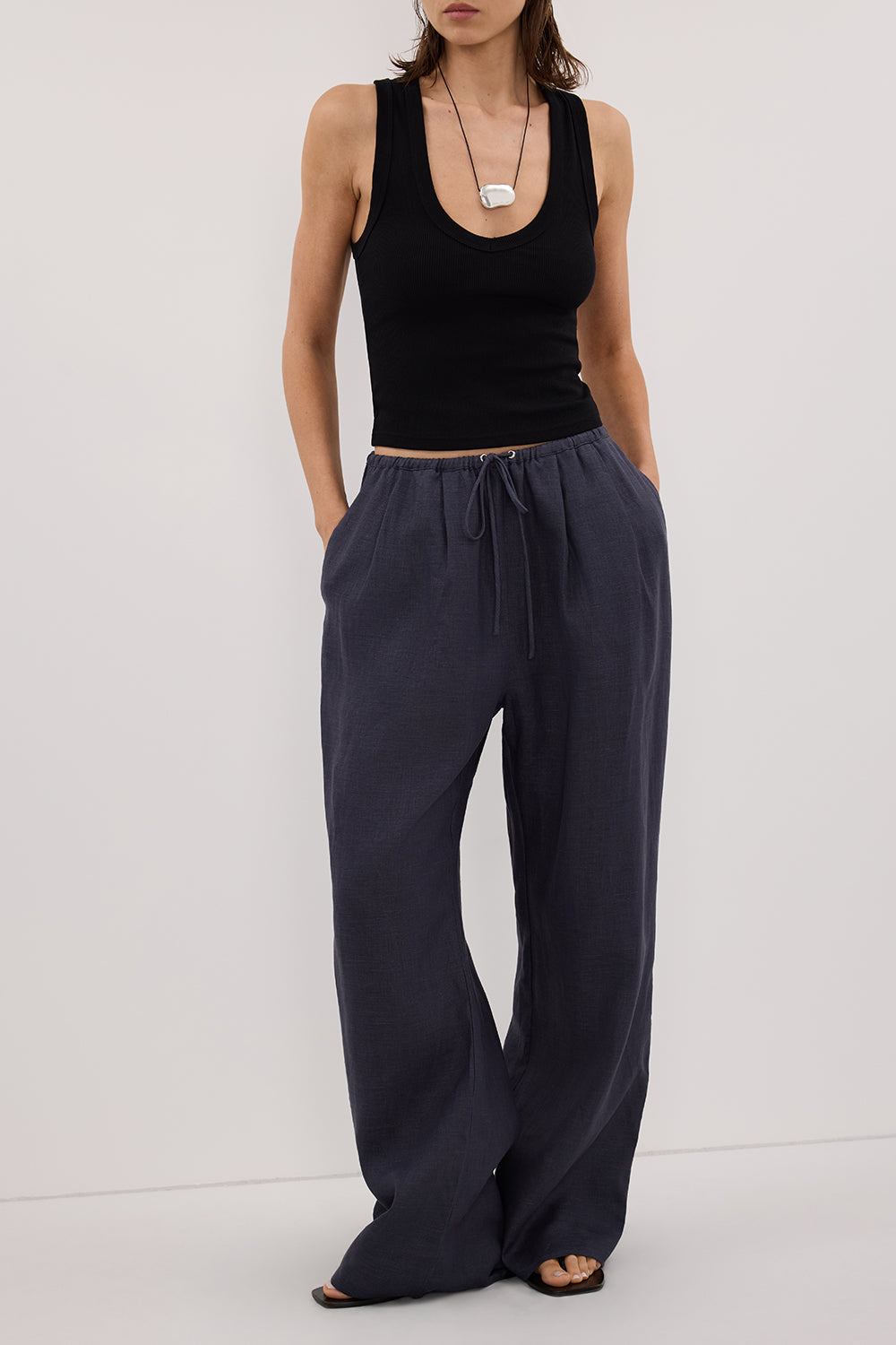 CARLA INDIGO DRAWSTRING LINEN PANT Clothing DISSH Boutiques 