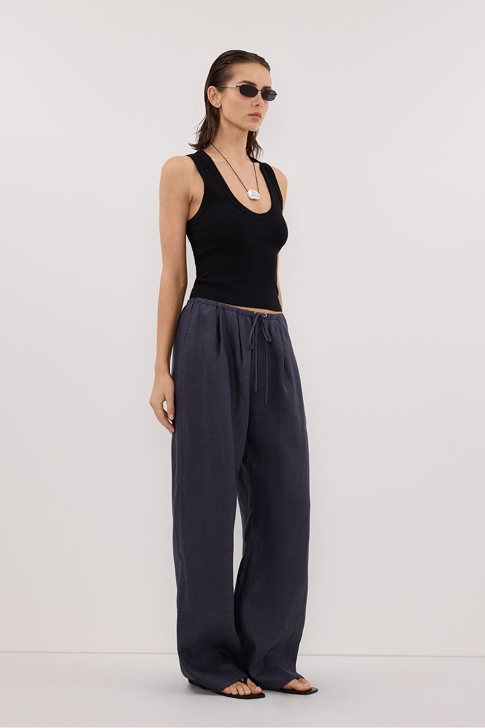CARLA INDIGO DRAWSTRING LINEN PANT Clothing DISSH Boutiques 