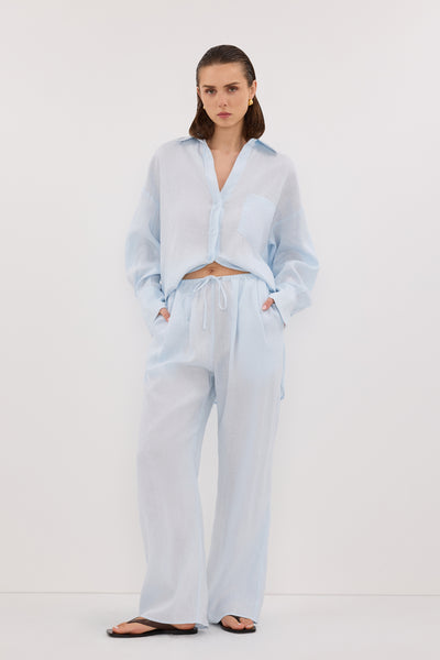 Stas wearing ELLIS ICE BLUE LINEN PANT