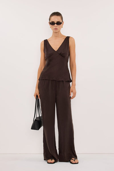 Stas wearing PIPPA BITTER CHOC SILK PANT