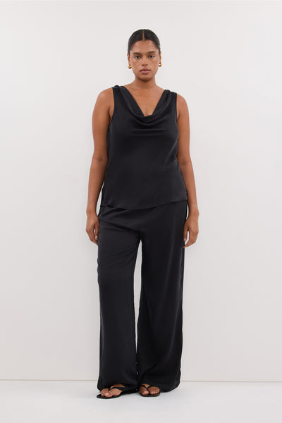 Amanda wearing PIPPA BLACK SILK PANT