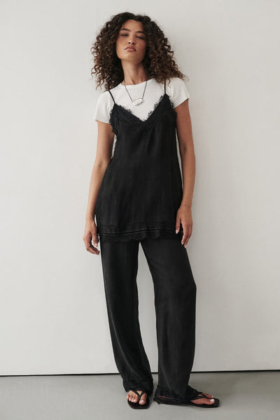 Carol wearing ANDREA BLACK CUPRO LACE PANT