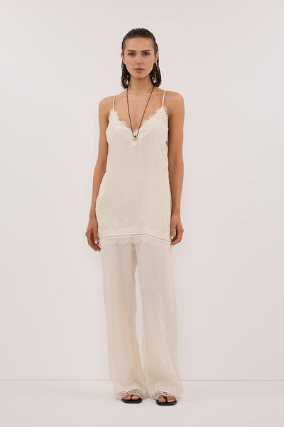 Stas wearing ANDREA SANDSTONE CUPRO LACE PANT