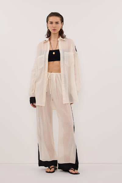 Stas wearing VIVIANNA SANDSTONE RAMIE PANT