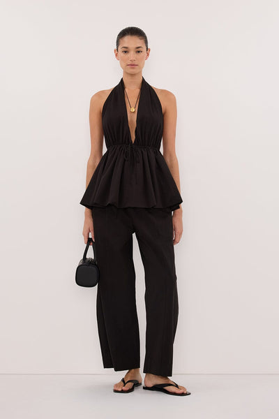 Aude wearing SCOUT BLACK COTTON BARREL LEG PANT