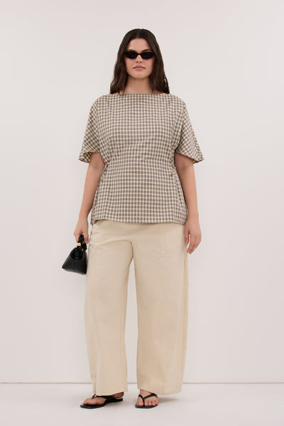 Jasmine wearing SCOUT PLASTER COTTON BARREL LEG PANT